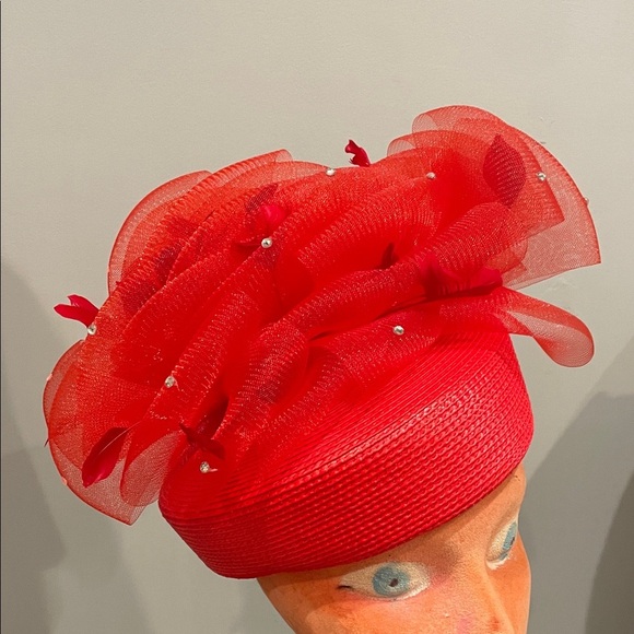 Elegant Red Fascinator Hat glam looks like new